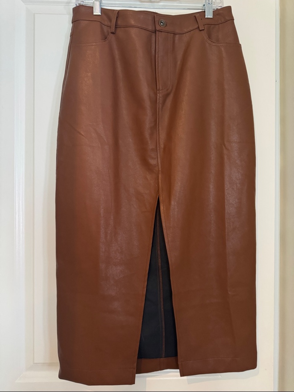 THML Cognac Brown Faux Leather Midi Skirt with Front Slit